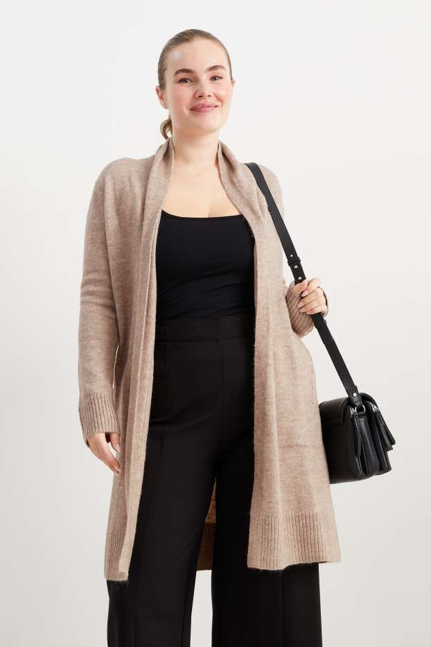 Damen - Lange Basic-Strickjacke - hellbeige