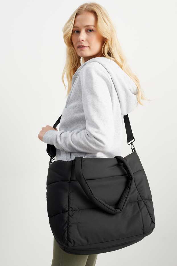 Damen - Großer Stepp-Shopper mit abnehmbarem Taschengurt - schwarz