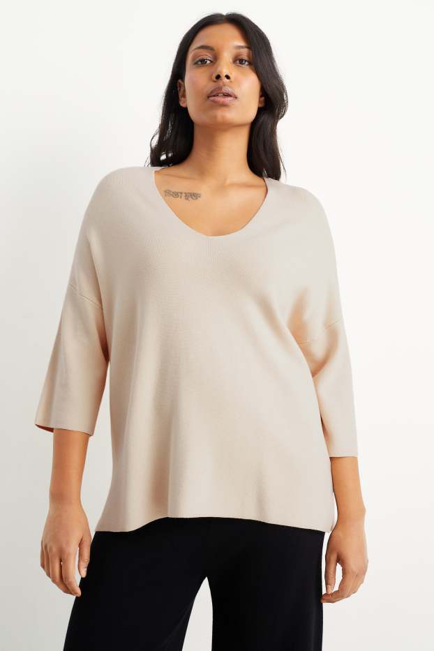 Damen - Basic-Pullover mit V-Ausschnitt - hellbeige