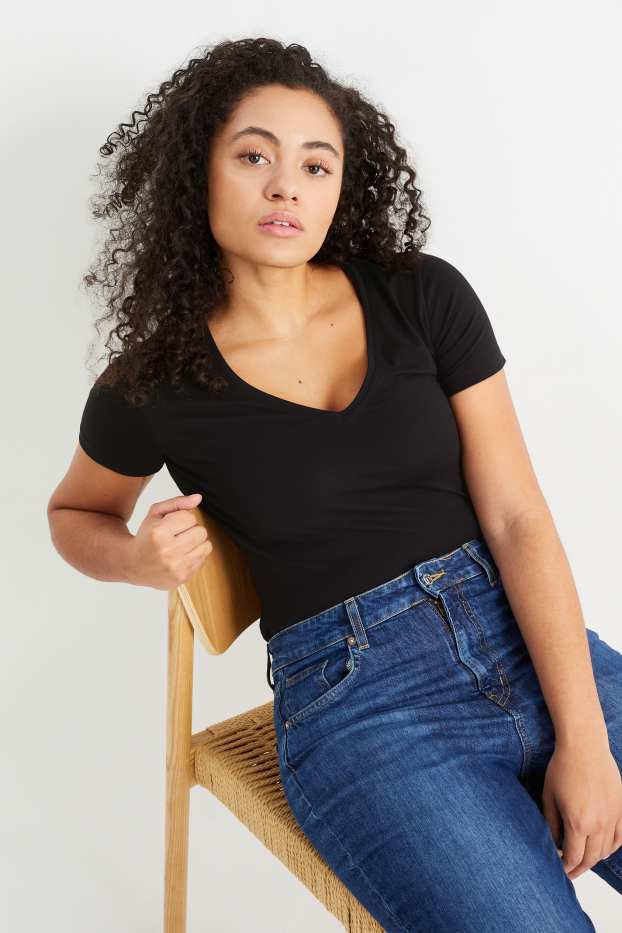 Dames - Set van 3 - basic T-shirt met V-hals - zwart