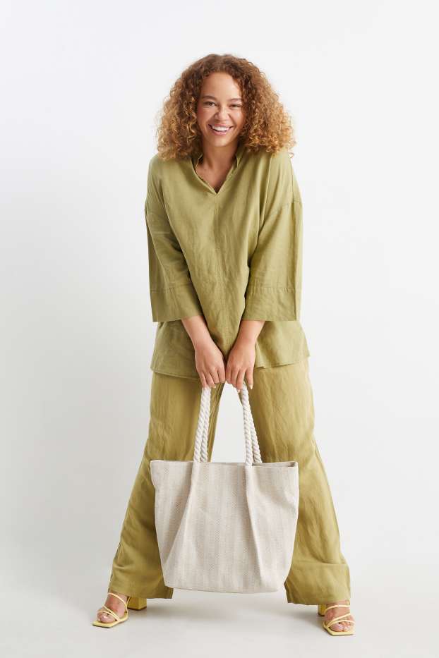 Women - Cloth trousers - mid-rise waist - wide leg - linen blend - mustard yellow