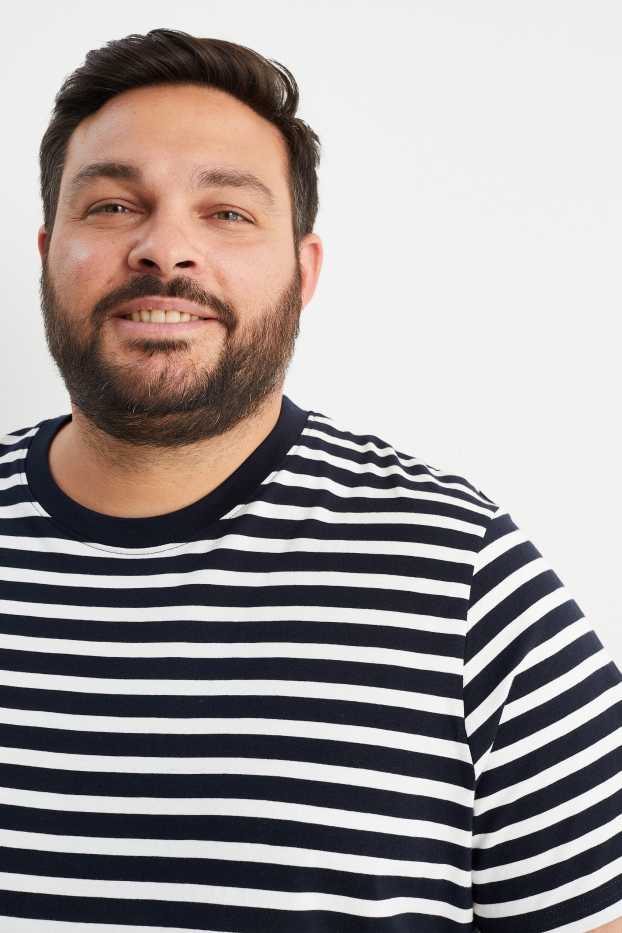 Pánské - Tričko - pruhované - tmavomodrá / krémově bílá