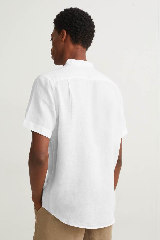 Men - Linen shirt - regular fit - band collar - white