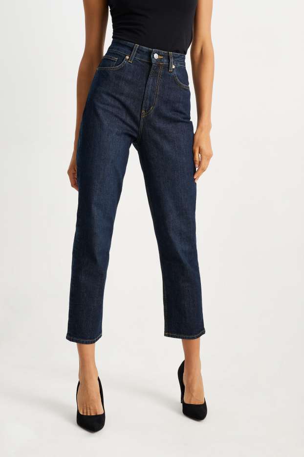 Women - Cropped straight jeans - high waist - blue denim