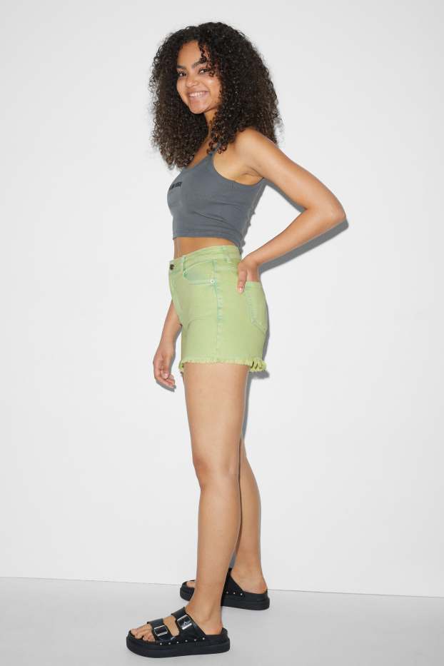 Femei - CLOCKHOUSE - pantaloni scurți de blugi - talie înaltă - verde deschis