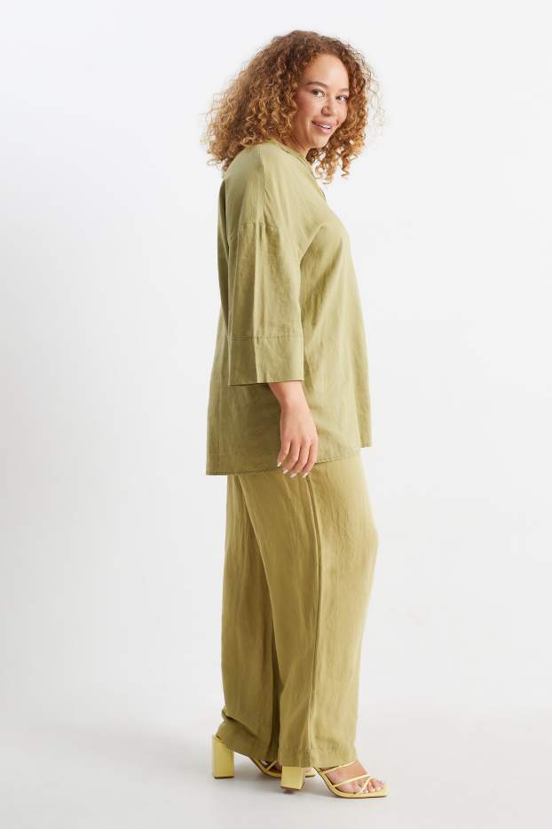 Women - Cloth trousers - mid-rise waist - wide leg - linen blend - mustard yellow