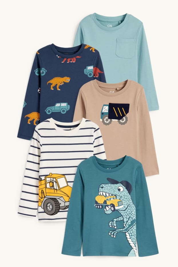 Enfants garçons - Lot de 5 - autos et dinosaures - hauts à manches longues - bleu foncé