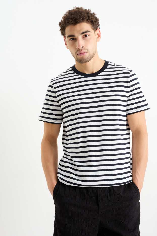 Men - T-shirt - regular fit - striped - dark blue / creme white