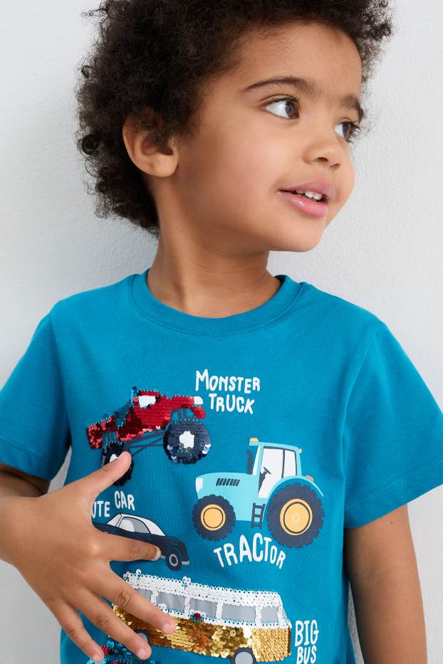Children Boys - Vehicles - short sleeve T-shirt - shiny - blue
