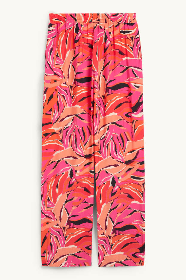 Dámské - Plátěné kalhoty - high waist - wide leg - se vzorem - oranžová