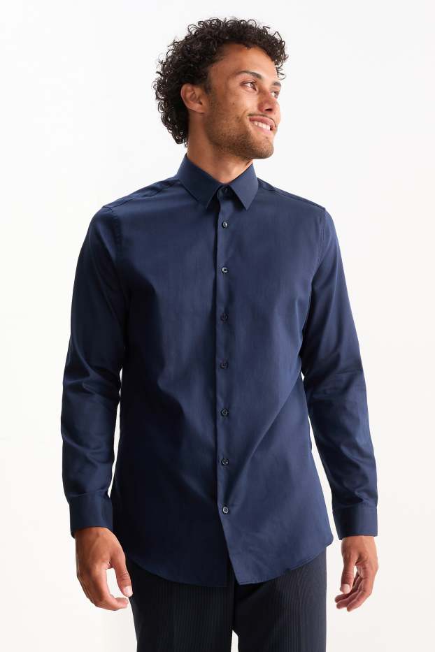 Hommes - Chemise de bureau - slim fit - col kent - facile à repasser - bleu foncé