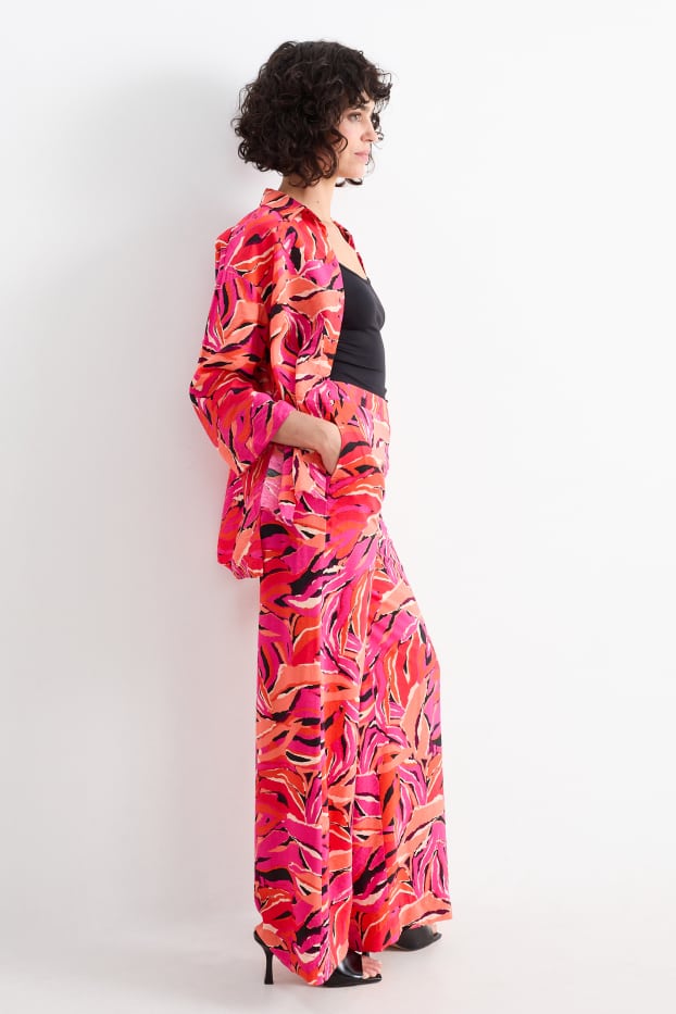 Dámské - Plátěné kalhoty - high waist - wide leg - se vzorem - oranžová