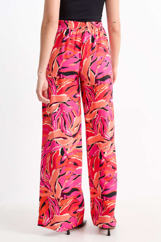 Dámské - Plátěné kalhoty - high waist - wide leg - se vzorem - oranžová