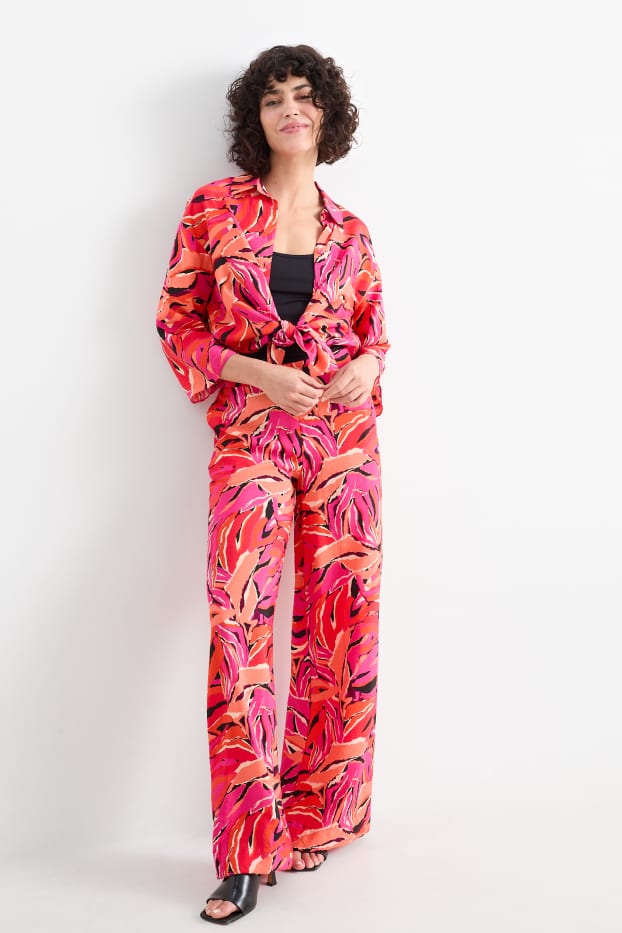 Dámské - Plátěné kalhoty - high waist - wide leg - se vzorem - oranžová