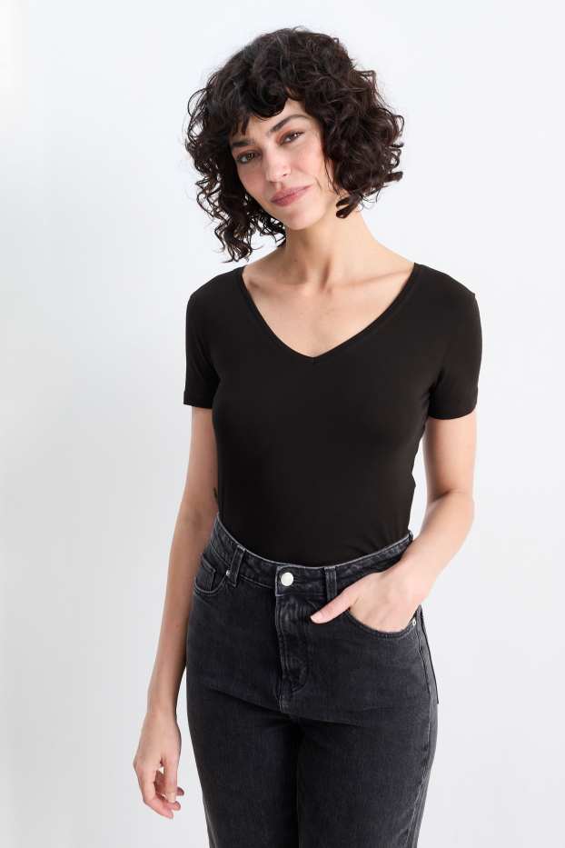 Femmes - Lot de 3 - T-shirts à col V - slim fit - noir