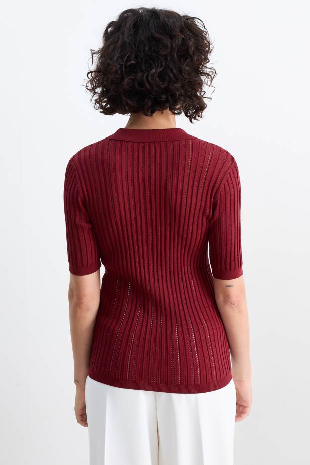 Damen - Strickpullover - kurzarm - dunkelrot