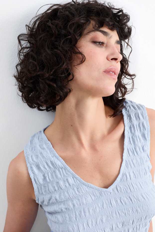 Donna - Top con scollo a V - tramato - azzurro