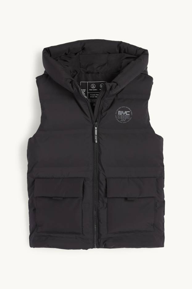 Děti - chlapci - Prošívaná vesta s kapucí - z vodoodpudivého materiálu - černá