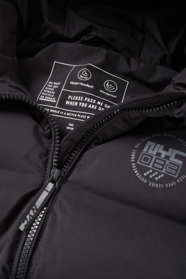 Děti - chlapci - Prošívaná vesta s kapucí - z vodoodpudivého materiálu - černá