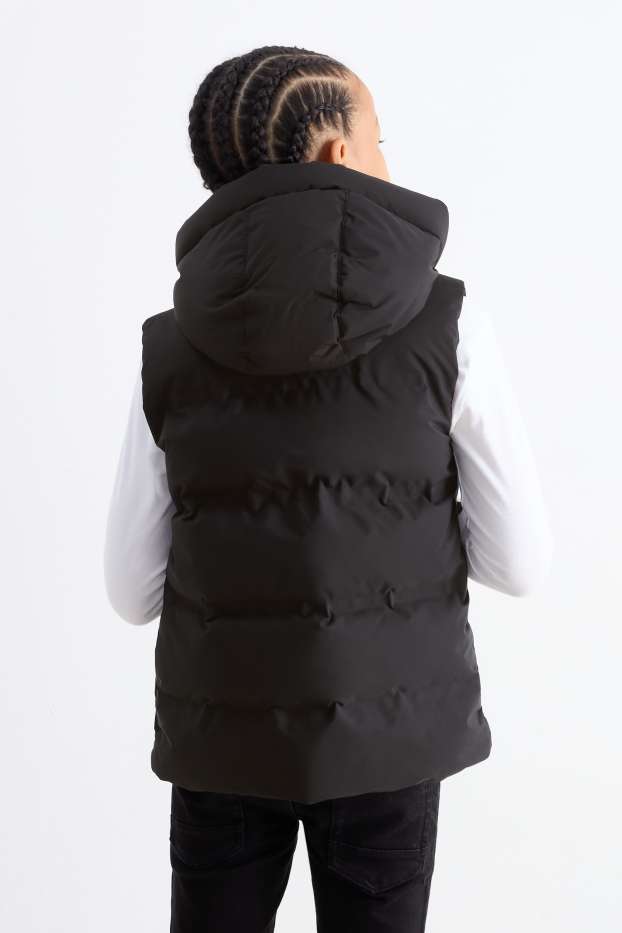 Děti - chlapci - Prošívaná vesta s kapucí - z vodoodpudivého materiálu - černá