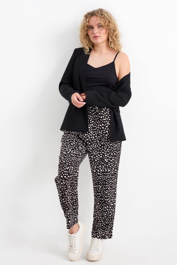 Damen - Stoffhose - Mid Waist - Tapered Fit - gemustert - schwarz