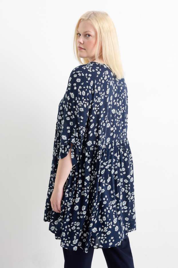 Dames - Blouse - gebloemd - donkerblauw