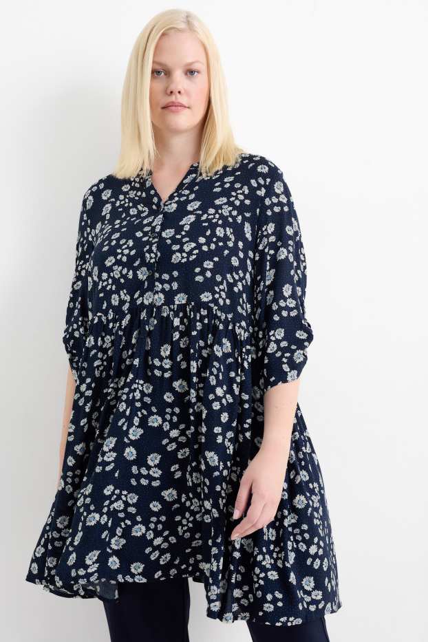 Dames - Blouse - gebloemd - donkerblauw