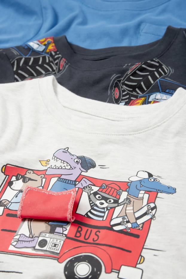Enfants garçons - Lot de 3 - Monster truck et animaux sauvages - haut à manches longues - bleu / blanc