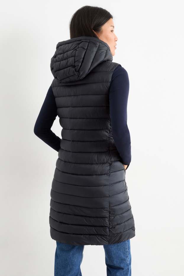 Dames - Lange bodywarmer met capuchon - zwart