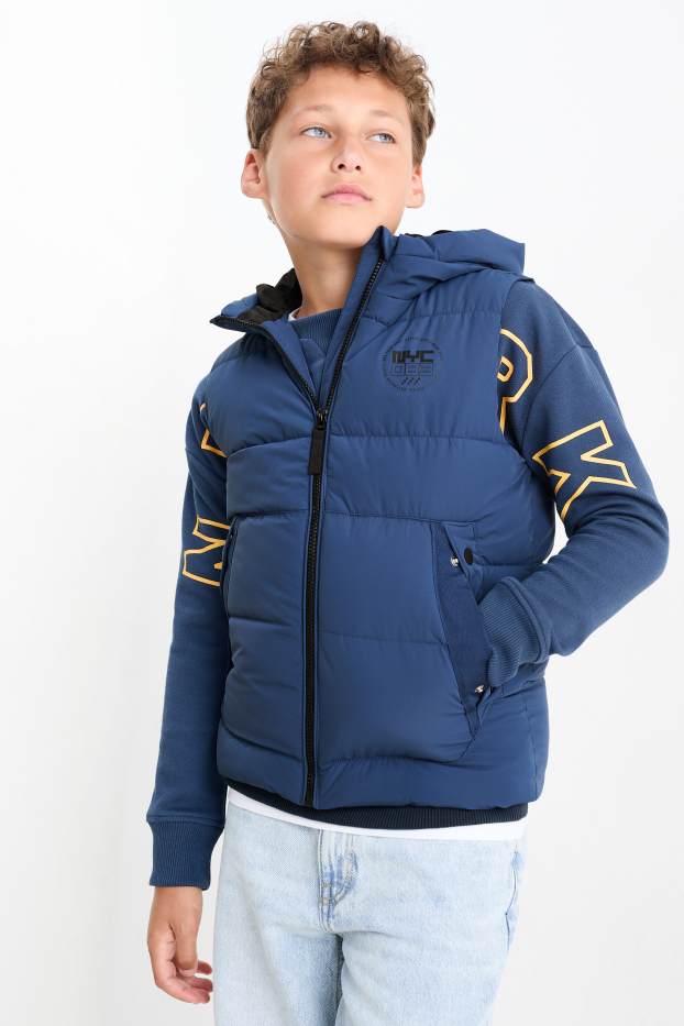 Kinderen: jongens - Bodywarmer met capuchon - waterafstotend - donkerblauw