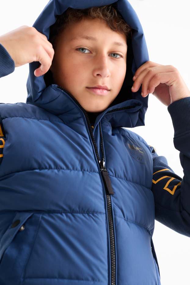 Kinderen: jongens - Bodywarmer met capuchon - waterafstotend - donkerblauw