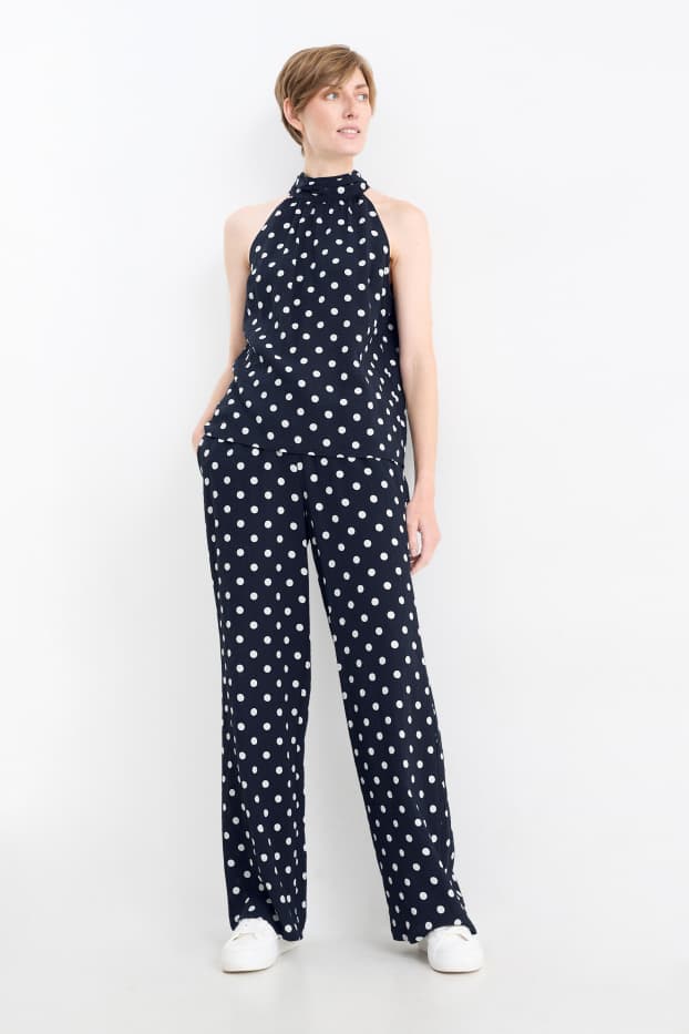 Women - Cloth trousers - high waist - wide leg - polka dot - dark blue