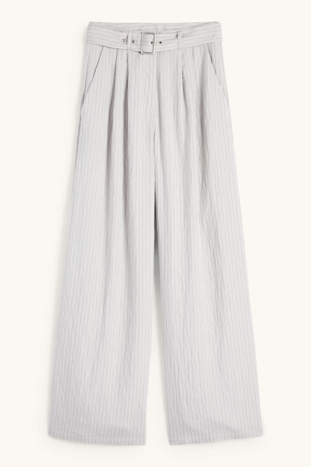 Dámské - Plátěné kalhoty s páskem - high waist - wide leg - úzký proužek - světle šedá