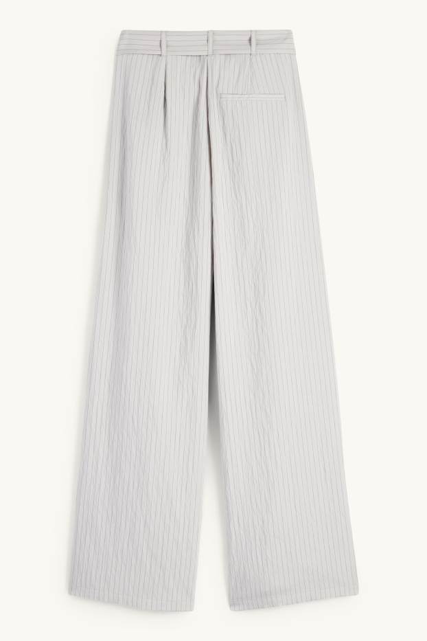 Dámské - Plátěné kalhoty s páskem - high waist - wide leg - úzký proužek - světle šedá