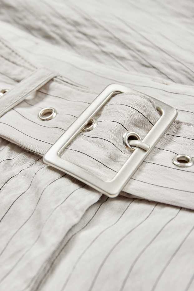 Dámské - Plátěné kalhoty s páskem - high waist - wide leg - úzký proužek - světle šedá