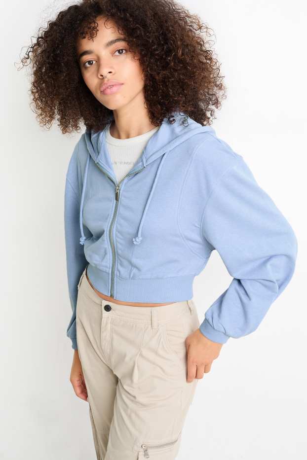 Femmes - Sweat zippé en molleton court avec capuche - bleu