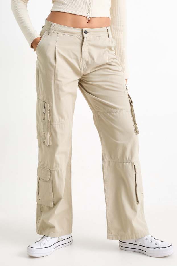 Damen - Cargohose - Mid Waist - Wide Leg - hellbeige