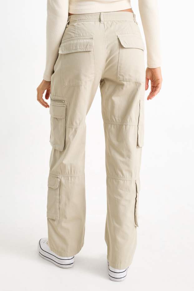 Damen - Cargohose - Mid Waist - Wide Leg - hellbeige