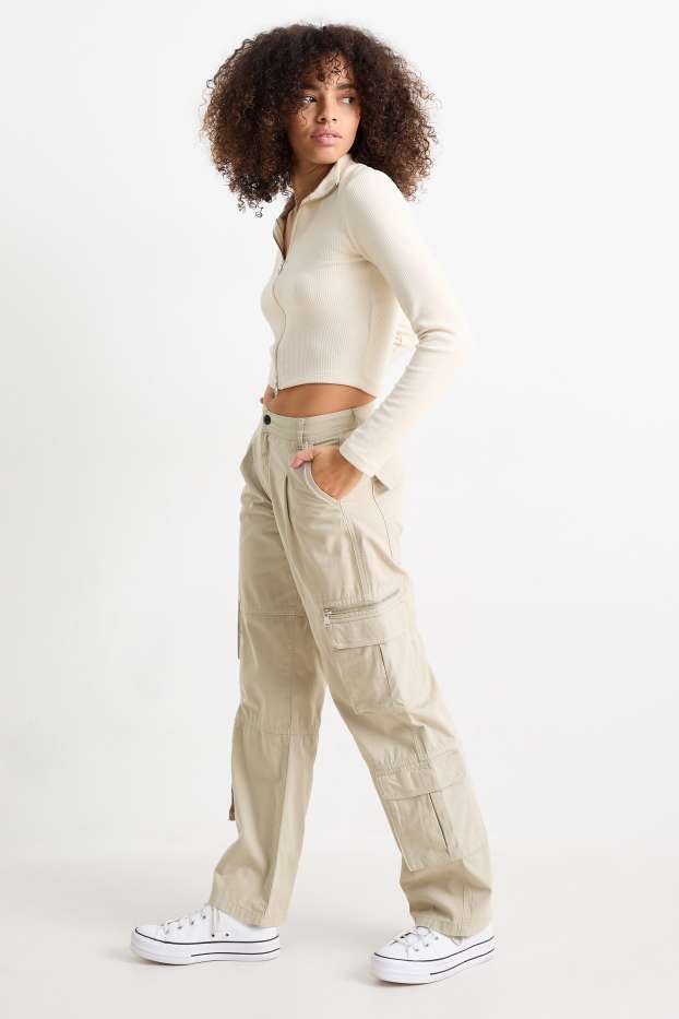 Damen - Cargohose - Mid Waist - Wide Leg - hellbeige