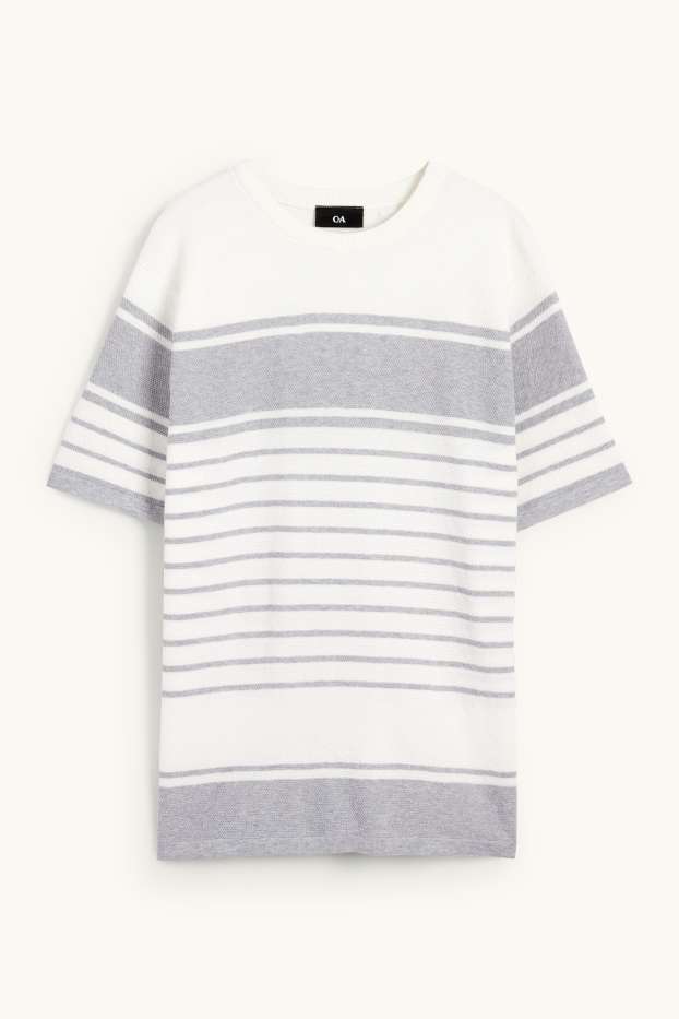 Hommes - Pull en maille - manches courtes - à rayures - texturé - gris clair