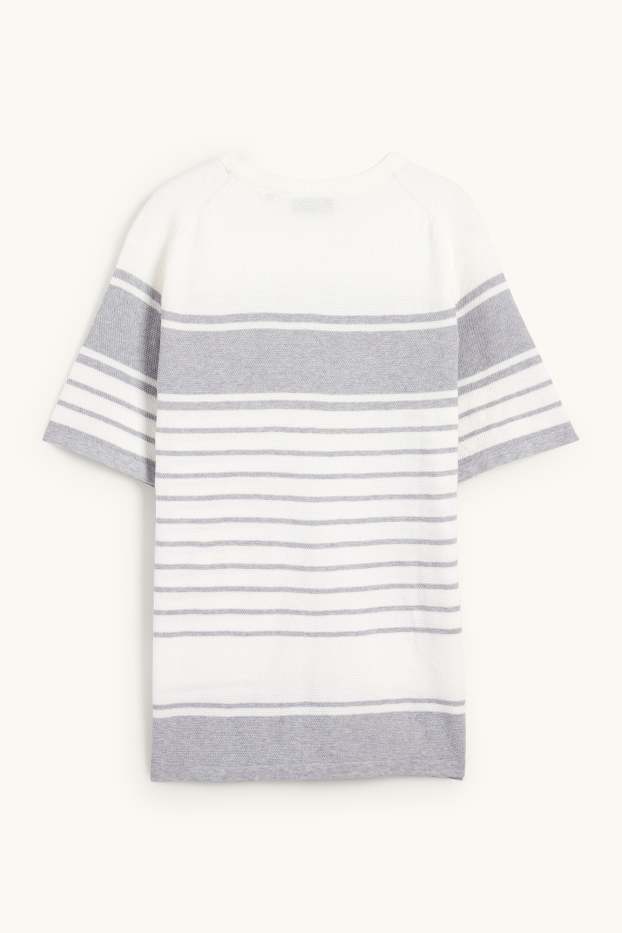 Hommes - Pull en maille - manches courtes - à rayures - texturé - gris clair