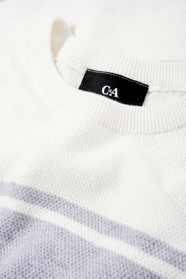 Hommes - Pull en maille - manches courtes - à rayures - texturé - gris clair