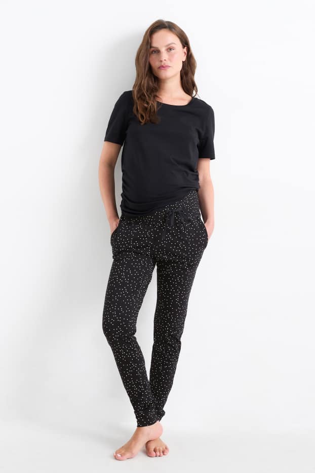 Damen - Umstands-Pyjamahose - gepunktet - schwarz