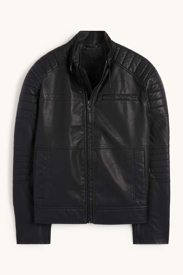 Pánské - Motorkářská bunda - imitace kůže - černá