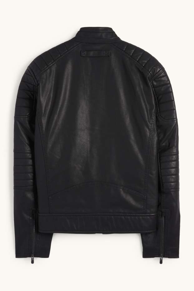 Pánské - Motorkářská bunda - imitace kůže - černá