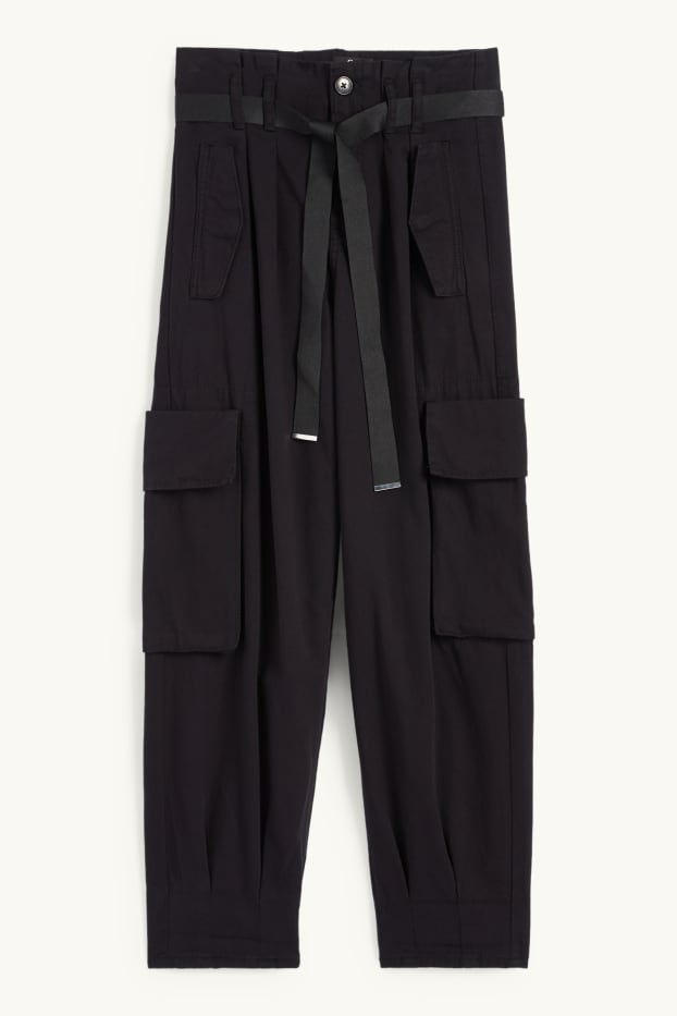 Femmes - Pantalon cargo - high waist - tapered fit - noir