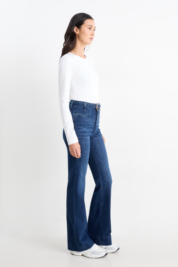 Dames - Flared jeans met riem - high waist - LYCRA® - jeansblauw