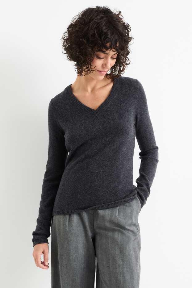 Kobiety - Sweter kaszmirowy z dekoltem V - ciemnoszary