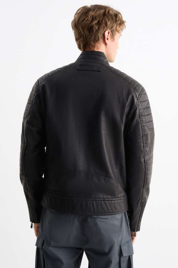 Pánské - Motorkářská bunda - imitace kůže - černá