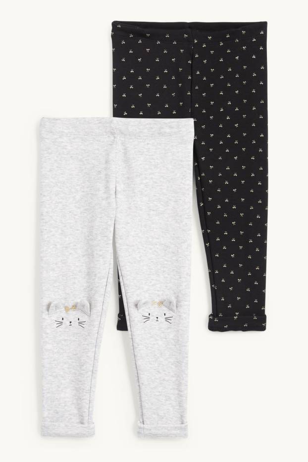 Enfants filles - Lot de 2 - chat et nœud - leggings - gris clair